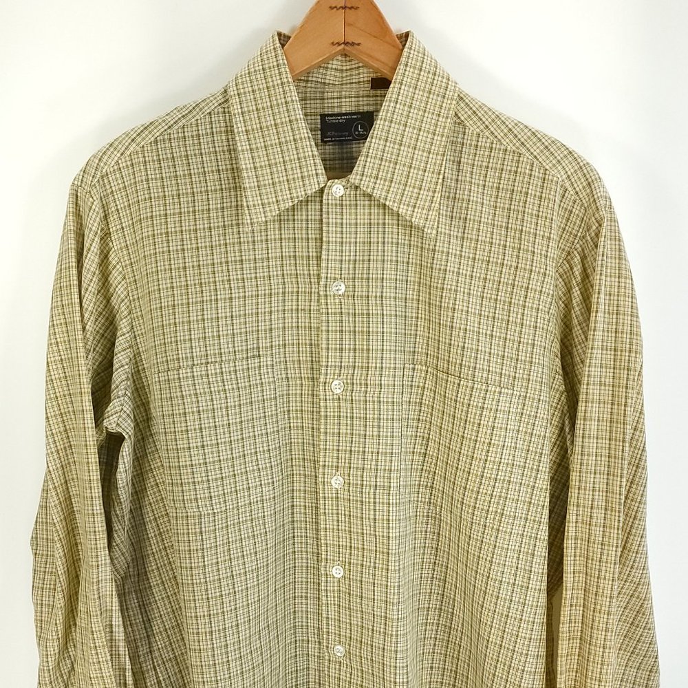 Vtg JCPenney Shirt Men's Large Retro Yellow Green Plaid Long Sleeve Button Front